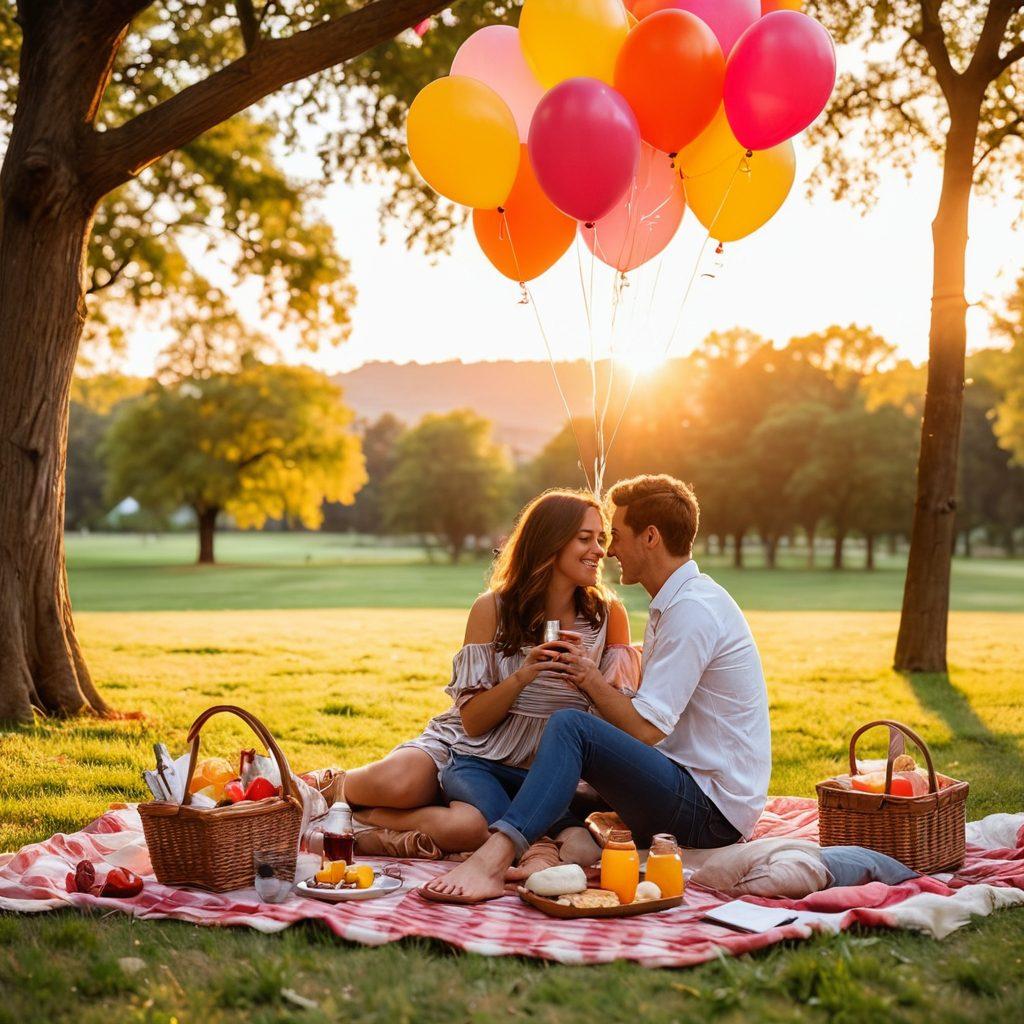 A cozy and intimate picnic scene in a park, featuring a couple enjoying a romantic meal with clearance sale items like discounted wine and snacks, surrounded by nature. Include colorful balloons and a small pile of clearance tags for added charm. The sun setting in the background casts a warm glow, enhancing the mood of love and budget-friendly fun. super-realistic. vibrant colors. soft focus.