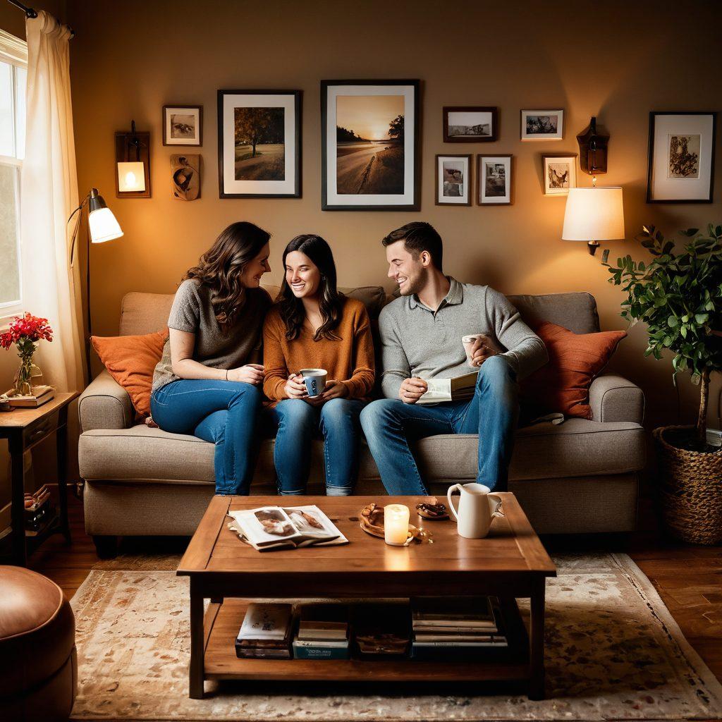 A cozy, inviting living room scene featuring a couple enjoying each other's company while engaging in a fun, budget-friendly DIY project. Soft lighting creates a warm atmosphere, with homemade decorations and a coffee table filled with craft supplies. Include family photos on the walls and a small window showing a sunset outside. The overall tone should exude love, creativity, and frugality. super-realistic. warm color palette. cozy ambiance.